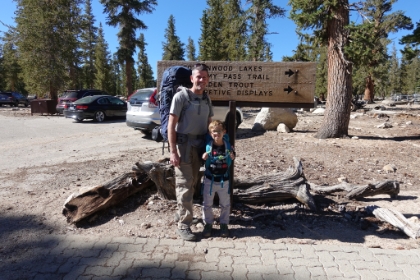 Spirits were high as we got ready to head out on the Cottonwood Lakes trail. Aidan's pack ended-up weighing-in at about 8lbs, and I ended-up at around 40lbs. A little more than I would normally carry, but kids aren't supposed to carry more than 20% of their bodyweight, so that didn't give Aidan much leeway!