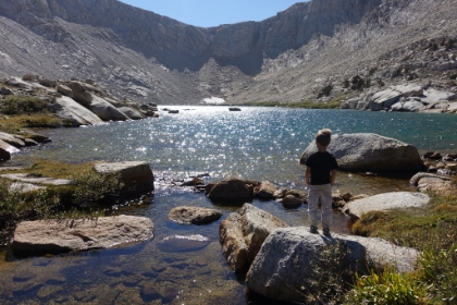 We arrive at Lakes 4 & 5 and take our packs off to scout for a campsite. Aidan immediately has his eyes on the patch of snow on the other side of the lake. He's never been in snow, so we decide that's first thing on the agenda for tomorrow morning!