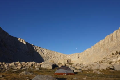 The moon is still high over the tent as the sun starts to rise. It was 35 degrees when I got out of the tent. Aidan was still sound asleep, so I decided to let him sleep in a little longer until it warmed-up.