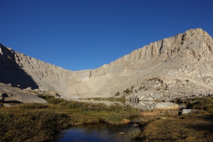 The creek draining out of Lake 4 with the moon just about to set. I decide it's warm enough now to wake up Aidan.