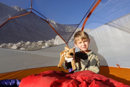 Aidan is awake with Mary the deer, his souvenier from the ranger station. Yes, Mary just had to go backpacking with him. And she took up about half the space in his pack. Unfortunately, Aidan woke-up with a queasy stomach. I wasn't sure if it was his stomatch bug from last week returning, or if it was altitude sickness. Either way, we decided to head out a day early and not take any chances. I didn't mind since I hadn't been sleeping too well the last couple nights anyway.