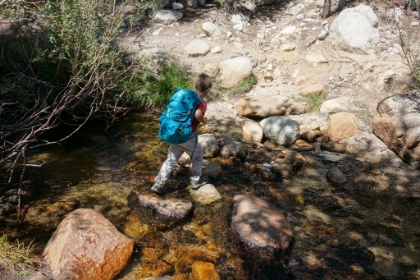 More creek crossing fun. Aidan fell in almost up to his knee on this one. He was particularly excited by his first shoe dunking, probably a highlight of the trip for him! As soon as we dropped below about 10,500', Aidan's upset stomatch instantly went away, and all his energy immediately returned.