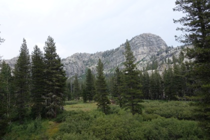 An unnamed granite dome rising above the forest and meadows.