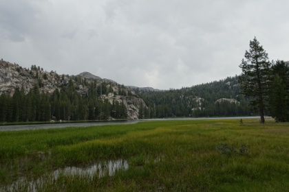 Approaching Wilmer Lake, our destination for the night. We had been hearing distant thunder for a while, and now it's starting to rain. Though thunderstorms shouldn't be a surprise in the summer in the high country, it was still a bit surprising considering we were worried about it being too hot all week!