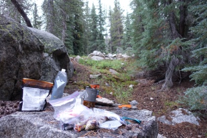 After waiting out the rain for a while in the tent, we cook up a great meal.