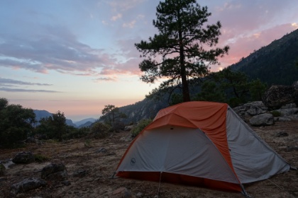 Tent in the sunset. The hopes of going without the rainfly ended as soon as the distant thunder was nearly overhead, and it started to rain.