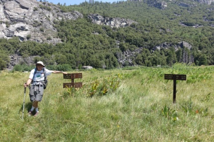 Found it! The Lake Vernon "trail" is on the left, barely visible. As you can see, the trail from Wilmer Lake on the right is completely gone. No wonder we missed it. At least now we're confident we're back on track. But the time, energy, and stress of the two hour detour doesn't help any.