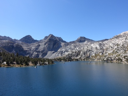 First of the Rae Lakes. The larger, Northern lake. Just off the trail, you can get to a cliff hanging right above the lake for a gorgeous view.