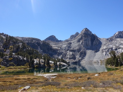Approaching the second half of the Rae Lakes, the smaller, Southern lake. The trail walks across the isthmus between the two halves of the lake.