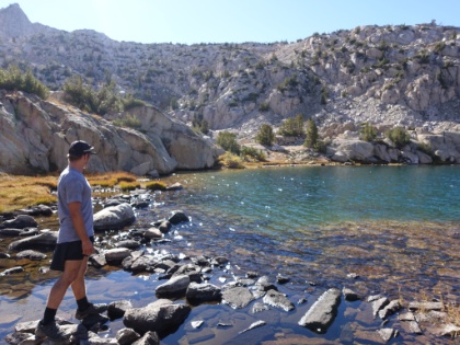 Crossing the point in the isthmus where one lake just barely flows into the other.