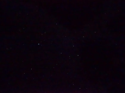 After the fire dies down, we stare at the stars for a while. Here's an attempt to capture the starry sky on a moonless night. It definitely doesn't get them all, but the fact that it got this many shows just how bright they were. End of our fourth, and best, day on the trail.