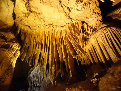 Amazing stalactite formations. The lighting is all from carefully placed LEDs along the walkway. Otherewise, it would be pitch black.