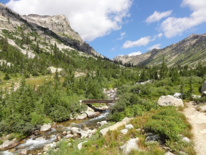 A look up the valley and the trail bridge I'm about to cross.