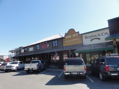 The slanted roof building is an original structure from the 1800s.
