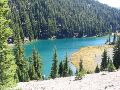 The smaller Green Lake to the East. I took a higher route here for some pictures, while you can see Dr. Rock on the lower route below. Unfortunately, Dr. Rock was starting to not feel well at this point. He was losing energy, pace was slowing, and just didn't look too good. Something was definitely wrong.