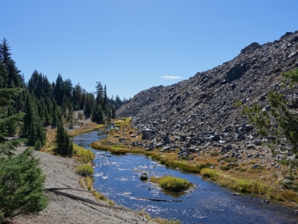 Fall Creek meandering along a lava pile.