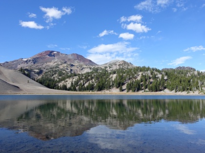 Moraine Lake with South Sister in the background. My original plan was to camp here for the night as it was the last water for a while. But there were already a couple groups here, so I decided to filter a few liters, and then press on.