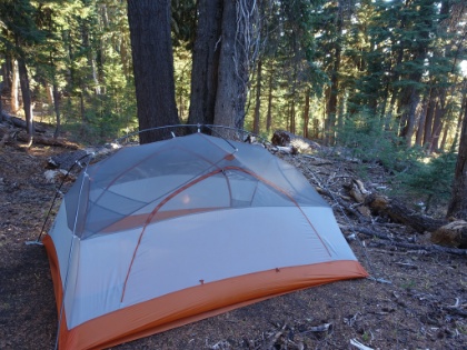 I hit my 5:15pm cutoff, and also the edge of the forest, so I decide to call it a night. There are no established campsites here, and it's amazing how hard it is to find flat tent pads. But I make due and find a great spot on spongy forest floor.