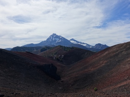 Looking down the crater towards North Sister, Middle Sister, and Little Brother.