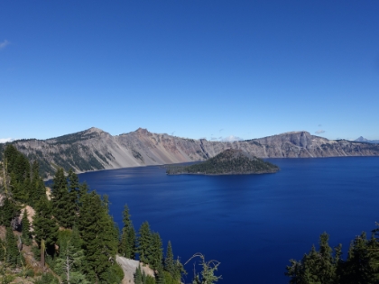 A good view of Wizard Island. It's actually a small volcano that grew from the crater floor in the aftermath of the eruption. There's another small volcano to the east who's cone is below the surface of the lake.