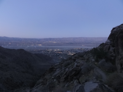 A "twilight mode" shot with the camera. It's actually much darker than it looks. At this point, the sun has set and the downhill is really starting to become a grind. 8000' of nonstop descent at almost 1000'/mile average is brutal.