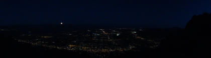Panaromic view of the full moon over Palm Springs. A major goal of this trip was to determine how hard the trail is to follow on the way down, particularly in the dark. Overall, it wasn't too bad. We lost the trail briefly though at the Ramon trail junction (at the picnic tables) and finally had to put on the headlamps. You really can't get too lost with the city right below you, but it would probably take a lot longer to get down doing it off-trail.