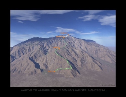 A computerized look at the Cactus to Clouds route to the top of Mt. San Jacinto. People literally come from around the world to do this trail. It is the steepest day hike in the country and is ranked by Backpacker.com as the 5th overall toughest hike in the United States (Mt. Whitney doesn't even make the Top 10).