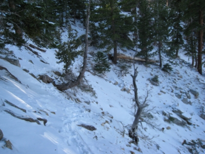 There are a couple sections of relatively steep traversing here. No big deal with my crampons and ice axe. But I have neither today and I am not feeling very confident in my footing. I had set 2:00pm as my absolute, drop-dead turnaround time to make it back down with minimal headlamp time. It is about that time and the ridge is so close. I really want a definitive destination, so I decide to keep pressing on for the ridge.