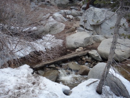 Back to the creek crossing and the end of heavy snow coverage.