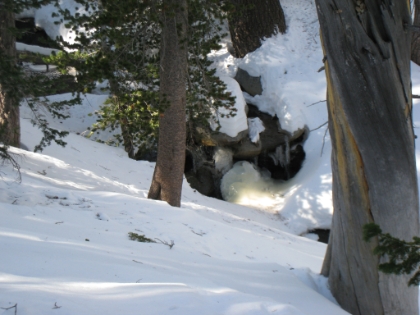 The cascades are half frozen into iceicle waterfalls with the water flowing at the same time. The water must be barely above freezing.