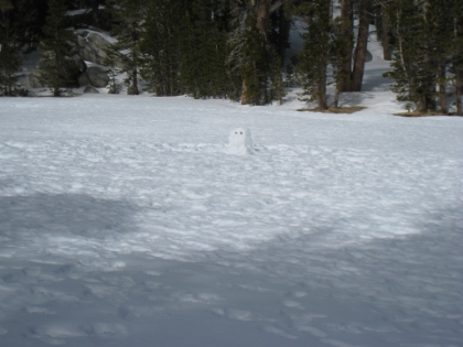 I make it to the meadows at Round Valley, a popular backpacking camp site. This snowman would be a very welcome sight on the way back.