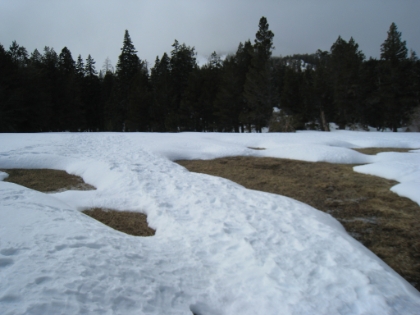 Snow fields melting into the meadows. You can see the storm starting to blow in at this point. I have only very light snow gear with me since I started my hike from the warm desert! And because I have to move so fast up Skyline, I have to pack small and light, which means no crampons or heavier snow gear.