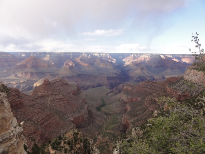 A look down at the Bright Angel trail through Indian Gardens and out to Plateau Point. Beyond Plateua Point you can see Bright Angel Canyon, where the North Kaibab trail will hopefully lead me to the North Rim tomorrow.  Because of the logistics issues, the original plan was to take Bright Angel both down and up. But then we found out the park shuttle adds 5am service starting May 1st (today). Perfect! That would allow us to park at the Bright Angel trailhead, take the shuttle to South Kaibab, and end-up back at Bright Angel at the end of the day. In theory at least.