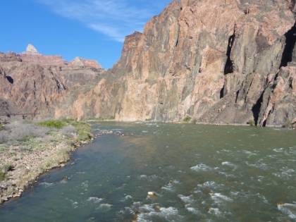 Looking upstream from the Silver Bridge. You can see the Kaibab (Black) bridge in the distance. Evidently the river is much clearer than it used to be. Something like 90% of the sediment that used to flow through here is now trapped behind the Glen Canyon Dam up river.