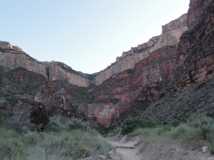 Getting ready to leave Indian Garden and make the final ascent to the South Rim. The flat trail through Indian Garden has given me a little bit of a second wind, but I still have 4.6 miles and about 3000' of gain to go. Looking at the canyon wall, it's hard to imagine there's anywhere a trail could go up that.