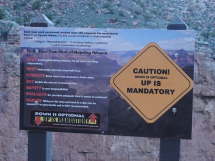 "Down is optional, up is mandatory". Now they tell me! Definitely one of the better warning signs on the traill. I'm now about halfway up Jacob's Ladder at about 4600', and I'm officially hitting the wall. Hard. It's finally becoming clear that I'm not going to hit my 14 hour goal. Hopefully my dad won't be too worried waiting for me on the South Rim.