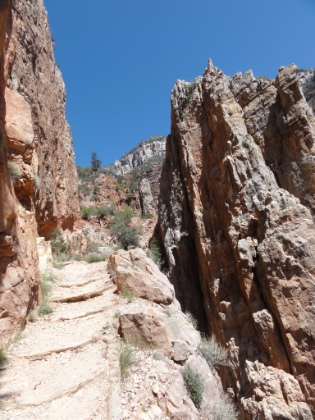 Talk about a trail through rugged terrain. This area is only passable because the Roaring Springs Fault has created a gap in the cliff walls. Otherwise there would be no animal passage, human or otherwise, at this point.