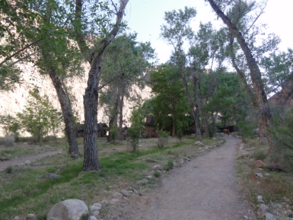 The cabins of Phantom Ranch are hidden among the trees.