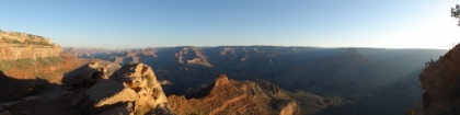 A panaroma from somewhere near the very aptly named Ooh Aah Point. The light of sunrise on the canyon is just amazing. We definitely hit the trail at the perfect time of day. And if there ever was a trail for taking panorama pictures, this is it.   View Full Size
