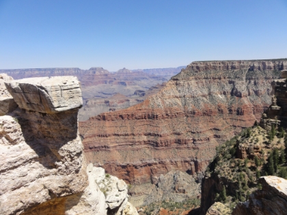 The view from Mather Point looking towards Yaki Point and Cedar Ridge. You can see the South Kaibab trail leaving the plateau and following the ridge.
