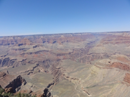 The view from further west. You can see the Plateau Point trail heading across the Tonto Platform and then Bright Angel at the bottom of the Inner Gorge heading to the Colorado River. You can also see a glimpse of the river as well as Phantom Ranch. And you can see down Bright Angel Canyon where the North Kaibab trail leads to the North Rim.