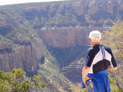 Dad admiring his handy work at conquering the Bright Angel trail the day before. You can see the trail almost the entire way up from just above Indian Garden to the rim. In particular, you can see the switchbacks known as Jacob's Ladder. That's where I hit the wall hard at Mile 42.
