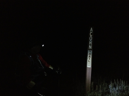 After about an hour coming down the Acorn Trail in the darkness, we finally made it back to the trailhead, illuminated here by Dad's headlamp. About 12 1/2 hours total round-trip. A challenging day with no major mishaps, couldn't ask for more.