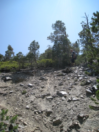 Much of the trail in this area is loose scree. Almost as easy to wipe out as coming down in the snow.