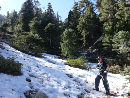 Almost to the saddle and we start to hit some patches of snow.