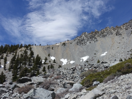 Heading across the base of the bowl with only a few patches of snow left.