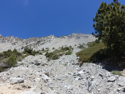 The trail cuts across the bottom of the bowl and gets hard to follow in places amidst the talus.