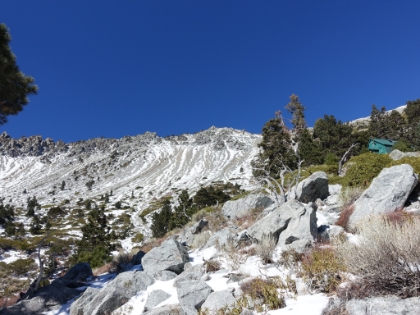 Almost to the ski hut. The snow streaked bowl made for an interesting look.