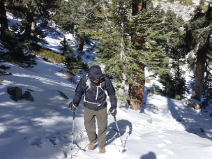 Always tough to tell in the picture, but this is a steep section of trail. The wind is really picking up now and the temperature with wind chill is down into the single digits.