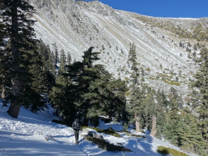 About 10" of snow in the shady gap up the side of the bowl with the nearly dry bowl in the background.
